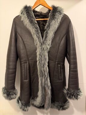 Shearling Leather Coat brown with silver trim penny lane